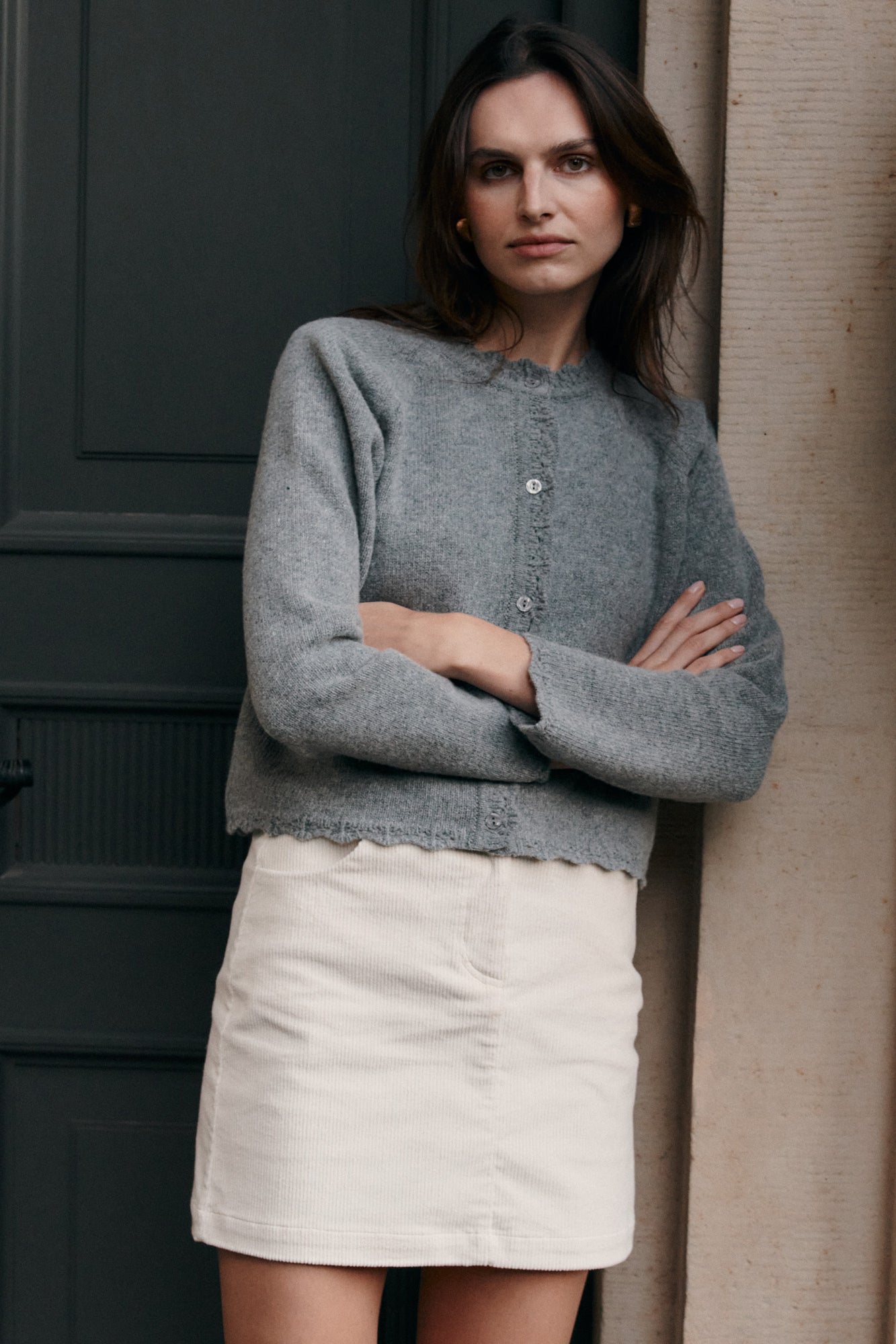 Cardigan in wool / 16 / 15 / mist grey  *cotton-corduroy-skirt-07-12-cream-white*?Model is 180cm tall and wears size XS/S?