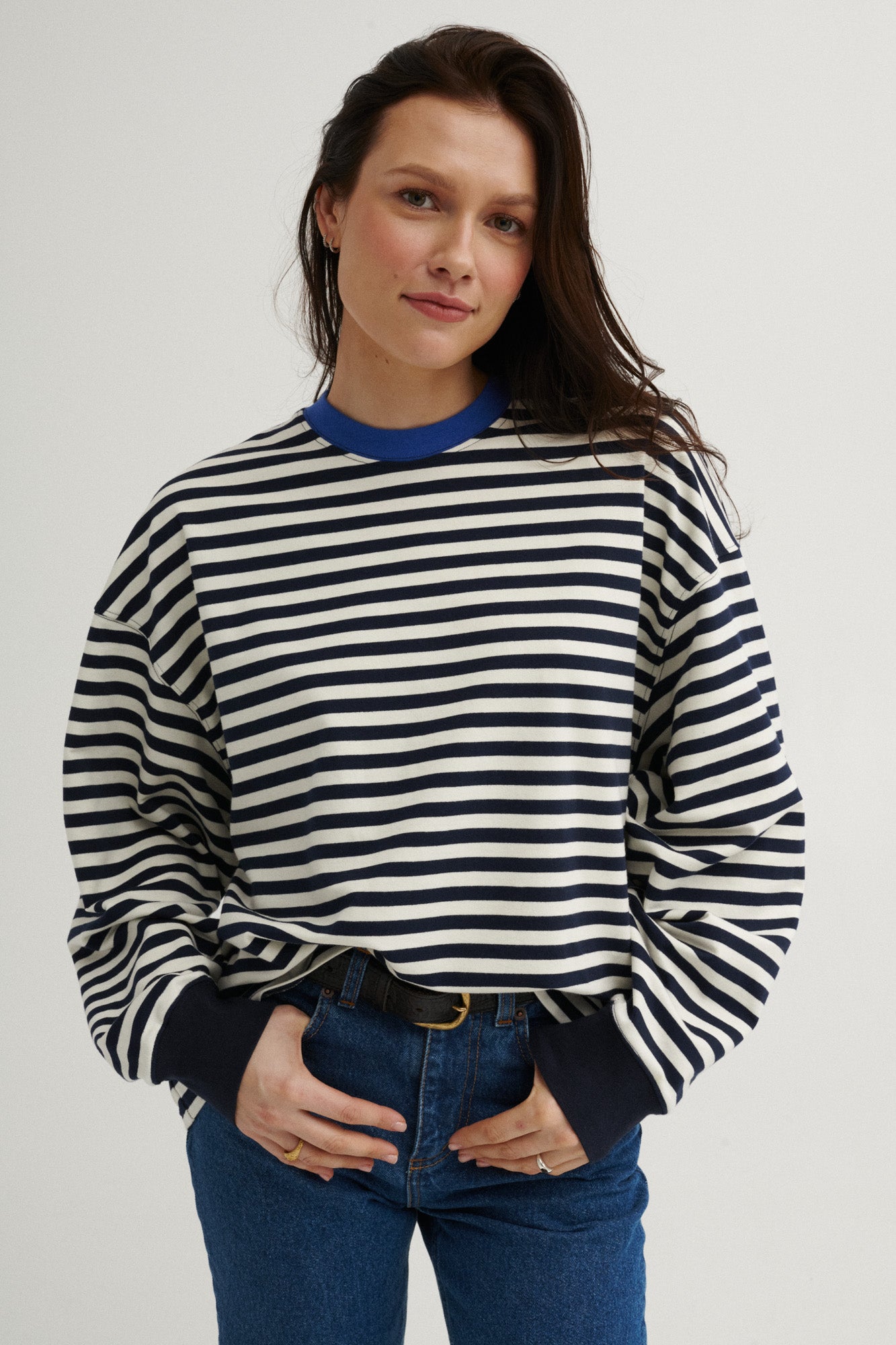 Sweatshirt in cotton / 17 / 22 / breton stripes / cobalt