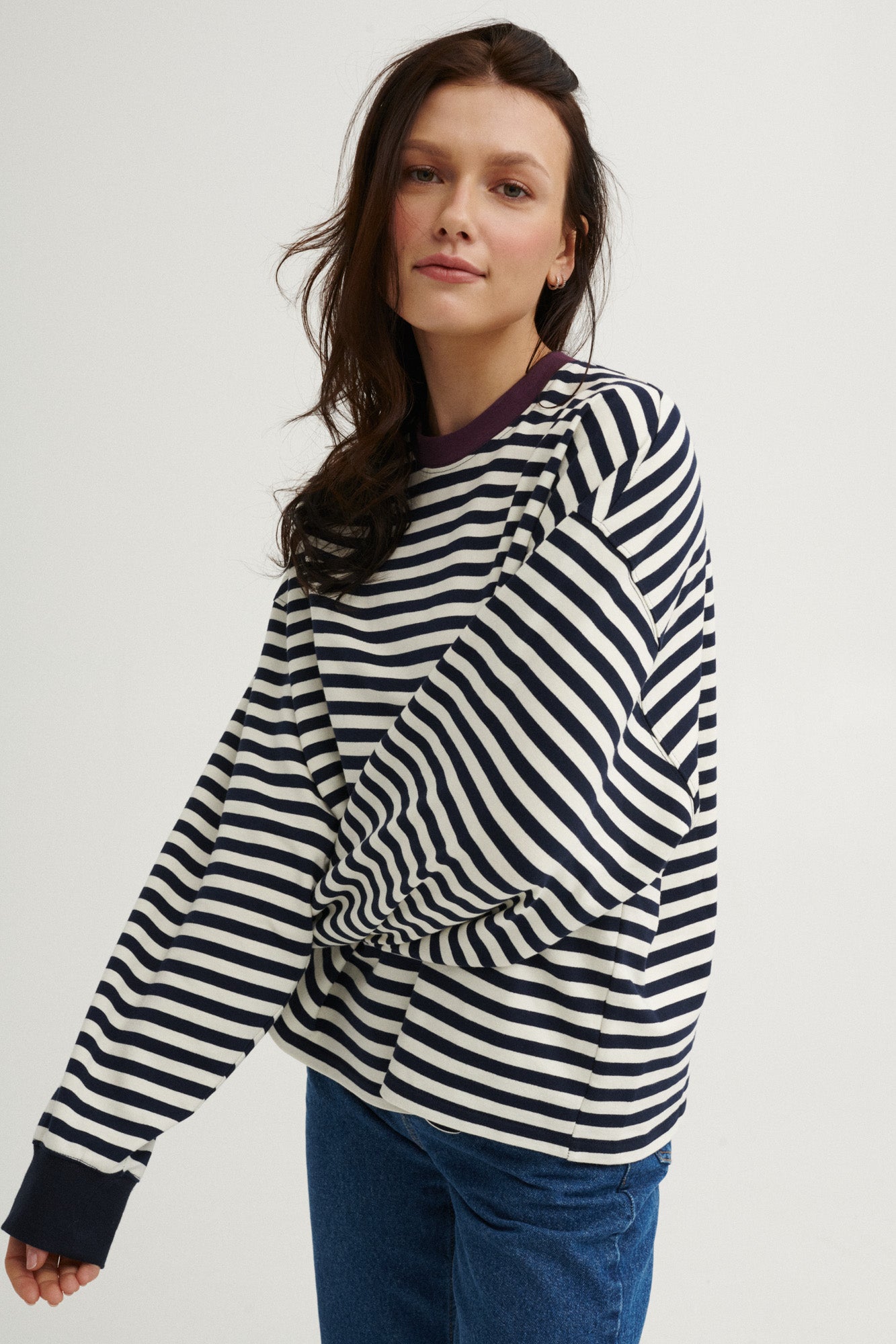 Sweatshirt in cotton / 17 / 22 / breton stripes / plum