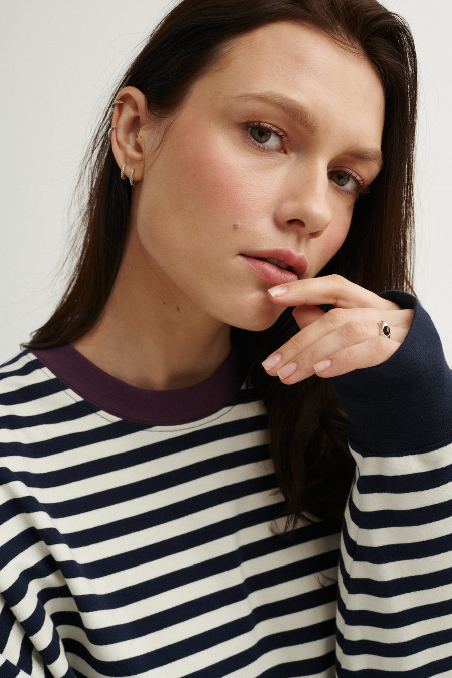 Sweatshirt in cotton / 17 / 22 / breton stripes / plum