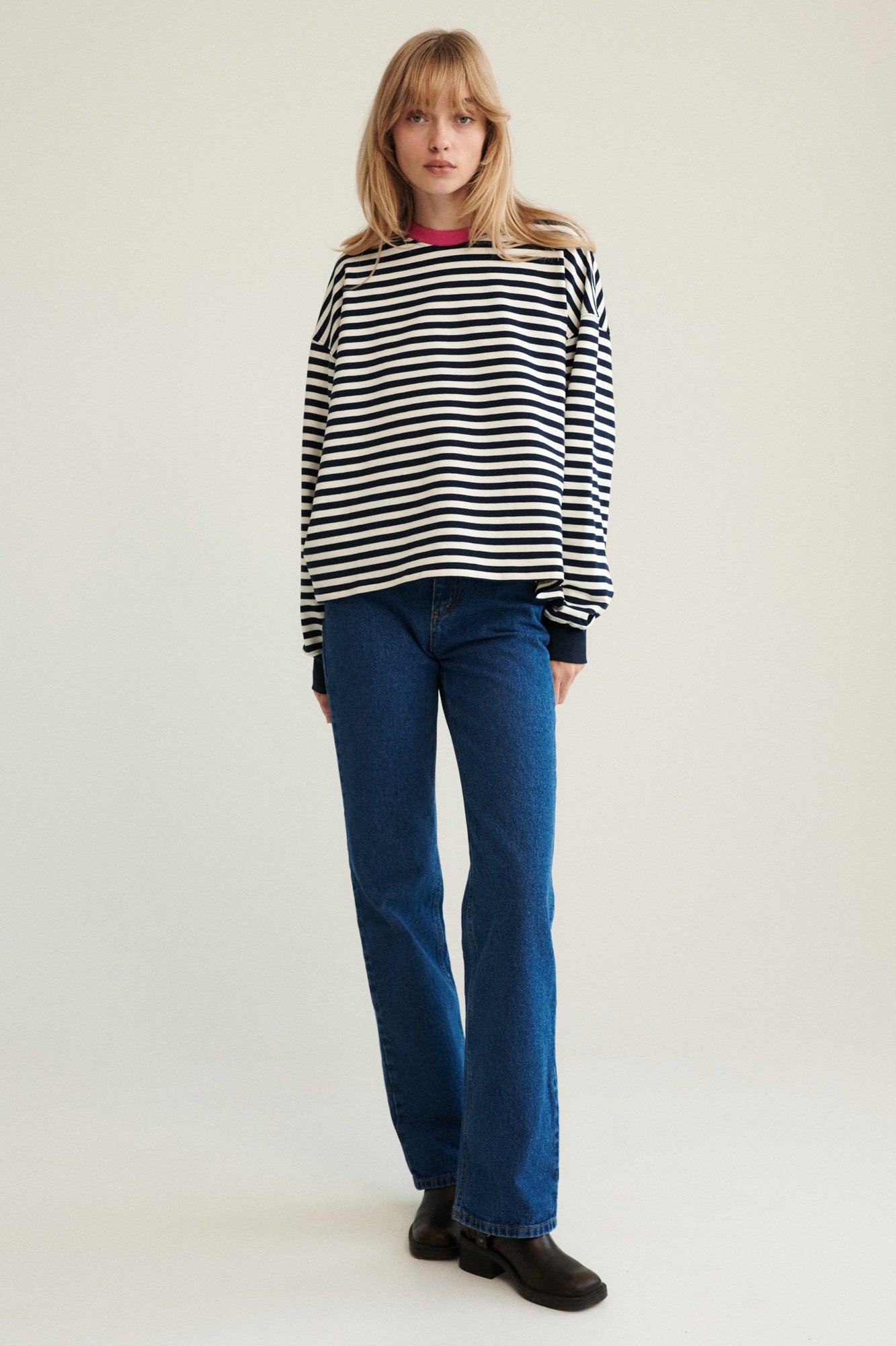 Sweatshirt in cotton / 17 / 22 / breton stripes / fuchsia