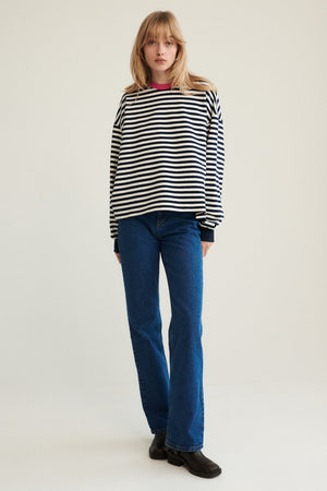 Sweatshirt in cotton / 17 / 22 / breton stripes / fuchsia