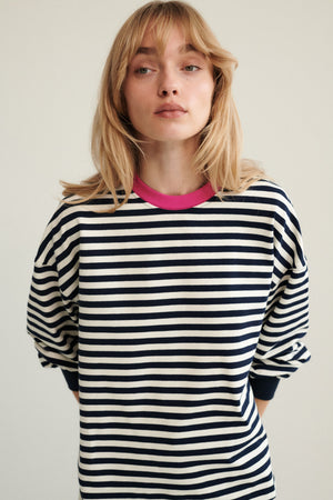 Sweatshirt in cotton / 17 / 22 / breton stripes / fuchsia