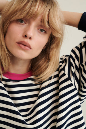 Sweatshirt in cotton / 17 / 22 / breton stripes / fuchsia