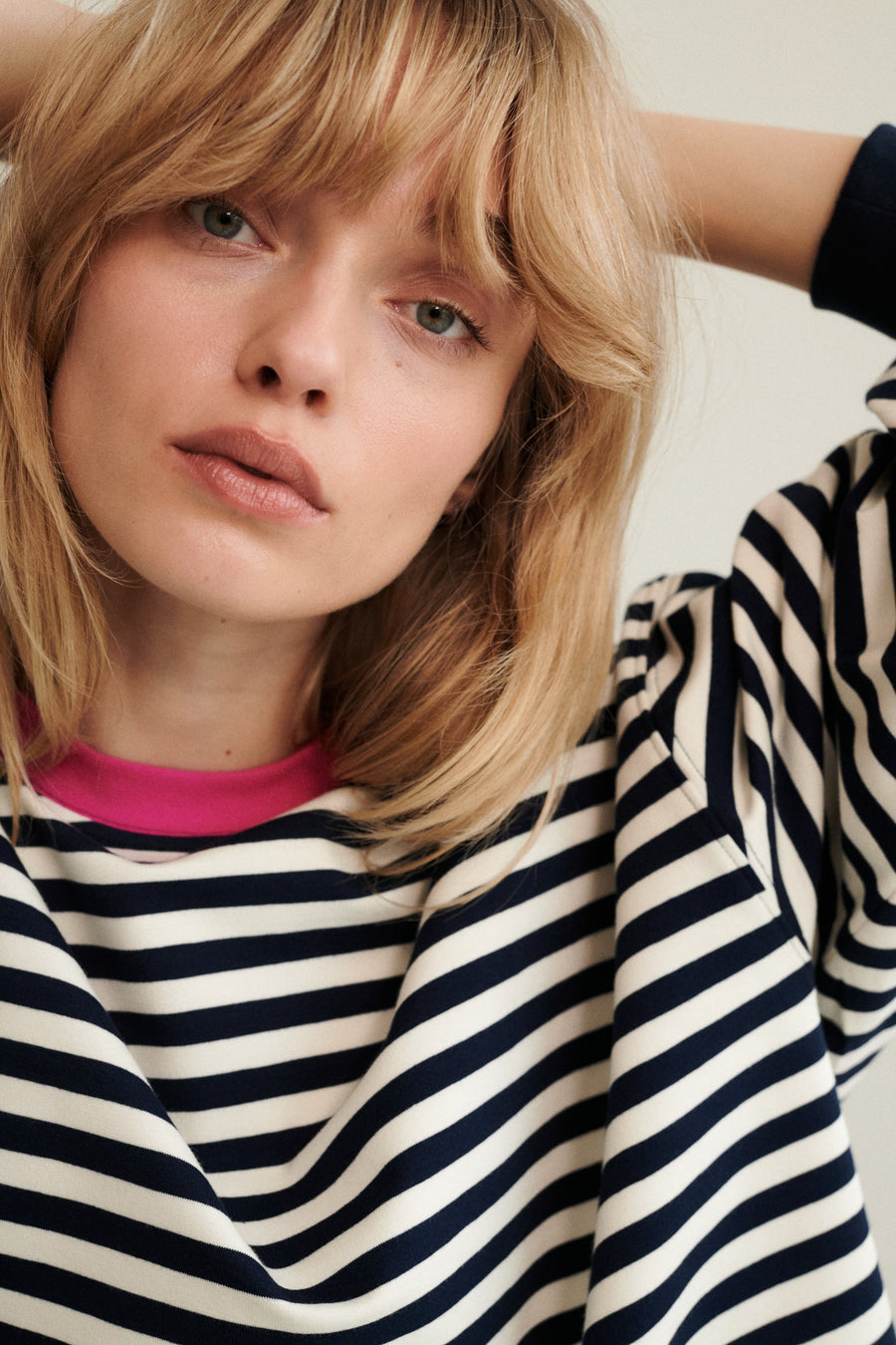Sweatshirt in cotton / 17 / 22 / breton stripes / fuchsia