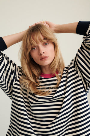 Sweatshirt in cotton / 17 / 22 / breton stripes / fuchsia