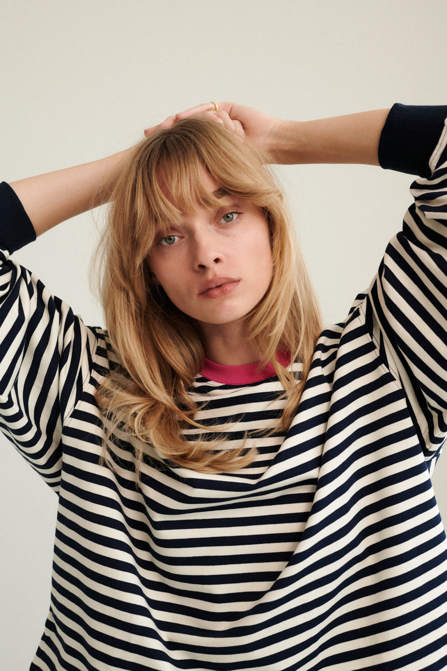 Sweatshirt in cotton / 17 / 22 / breton stripes / fuchsia