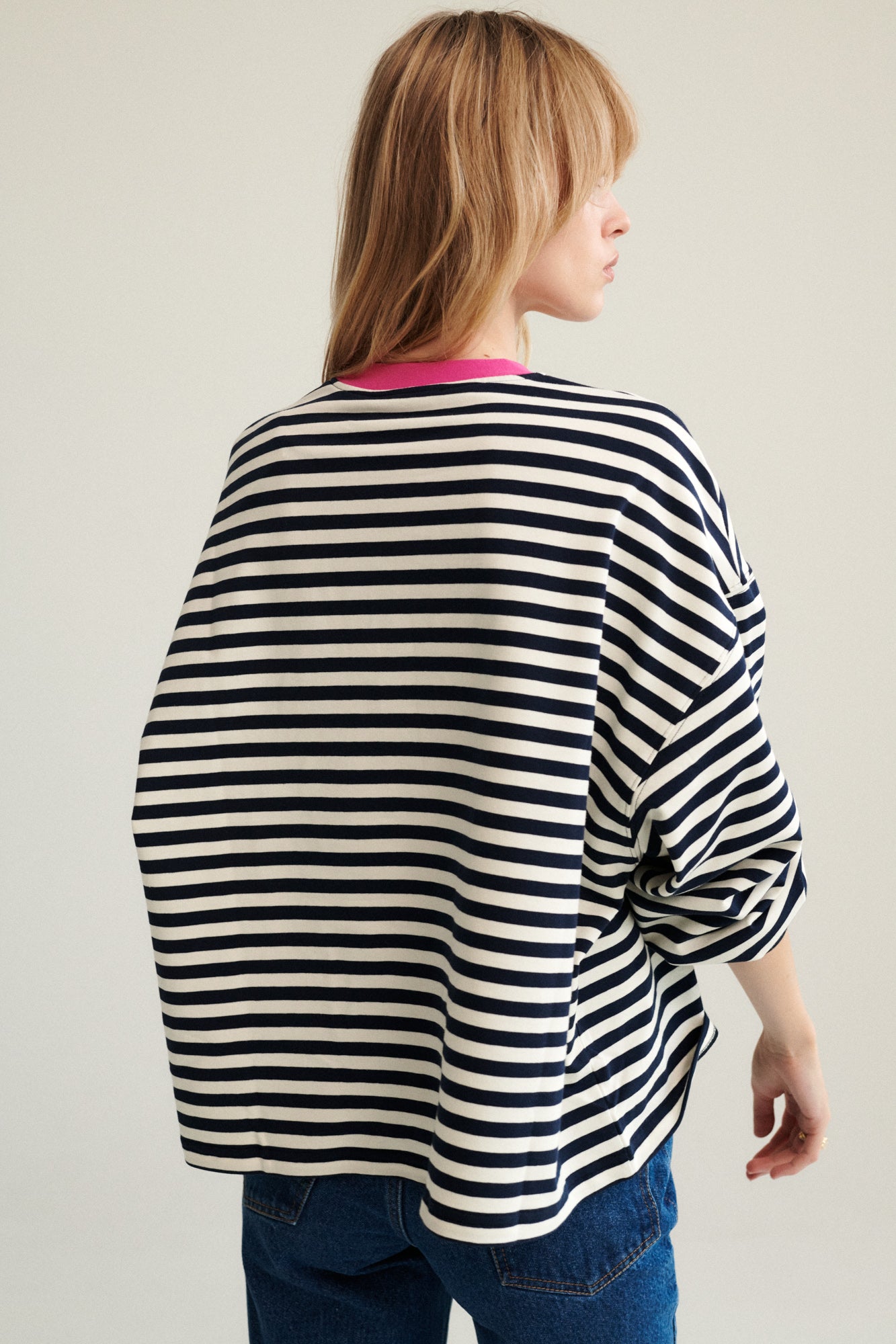 Sweatshirt in cotton / 17 / 22 / breton stripes / fuchsia