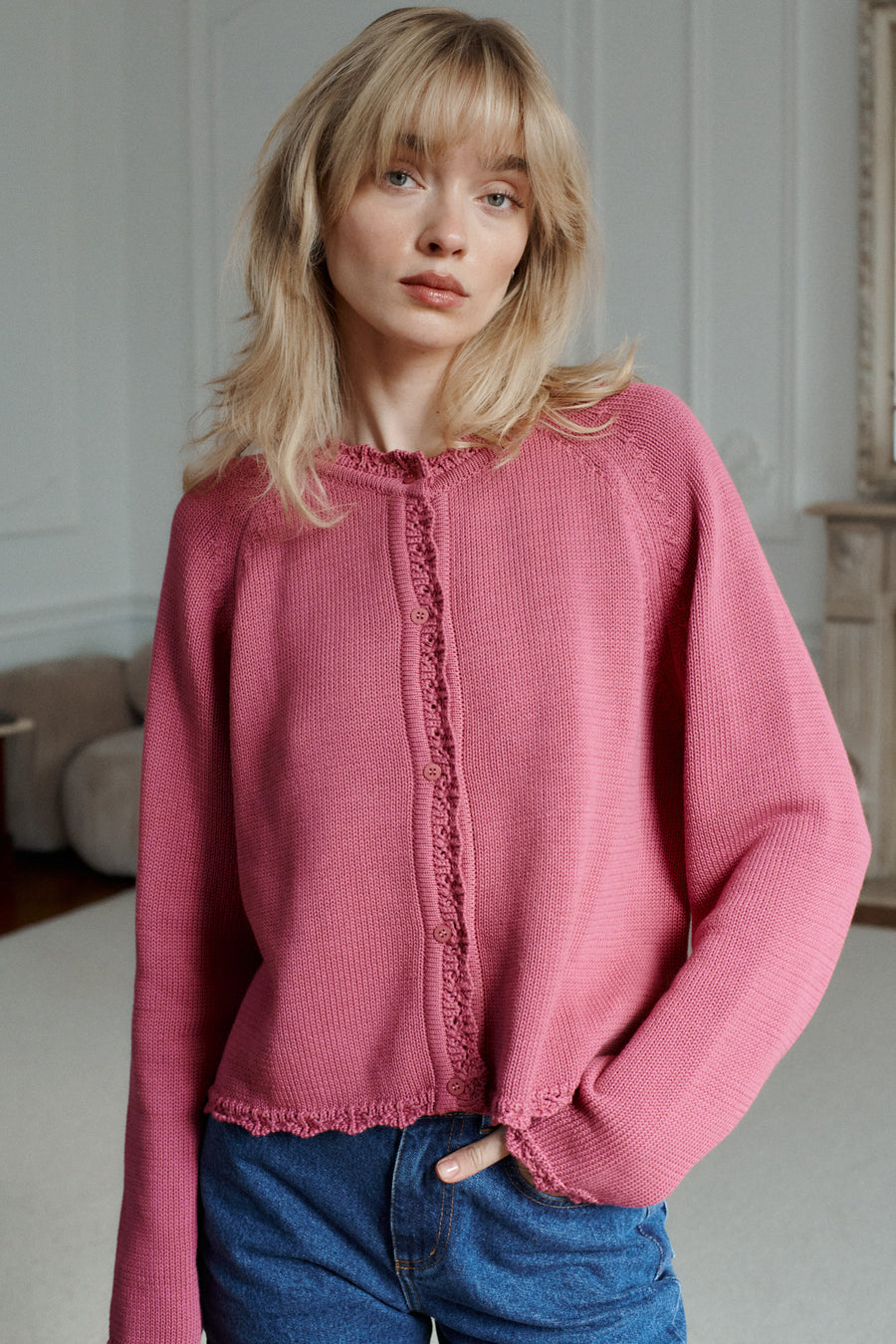 Cardigan in organic cotton / 16 / 18 / mauve pink
