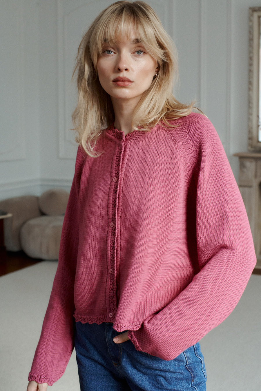 Cardigan in organic cotton / 16 / 18 / mauve pink