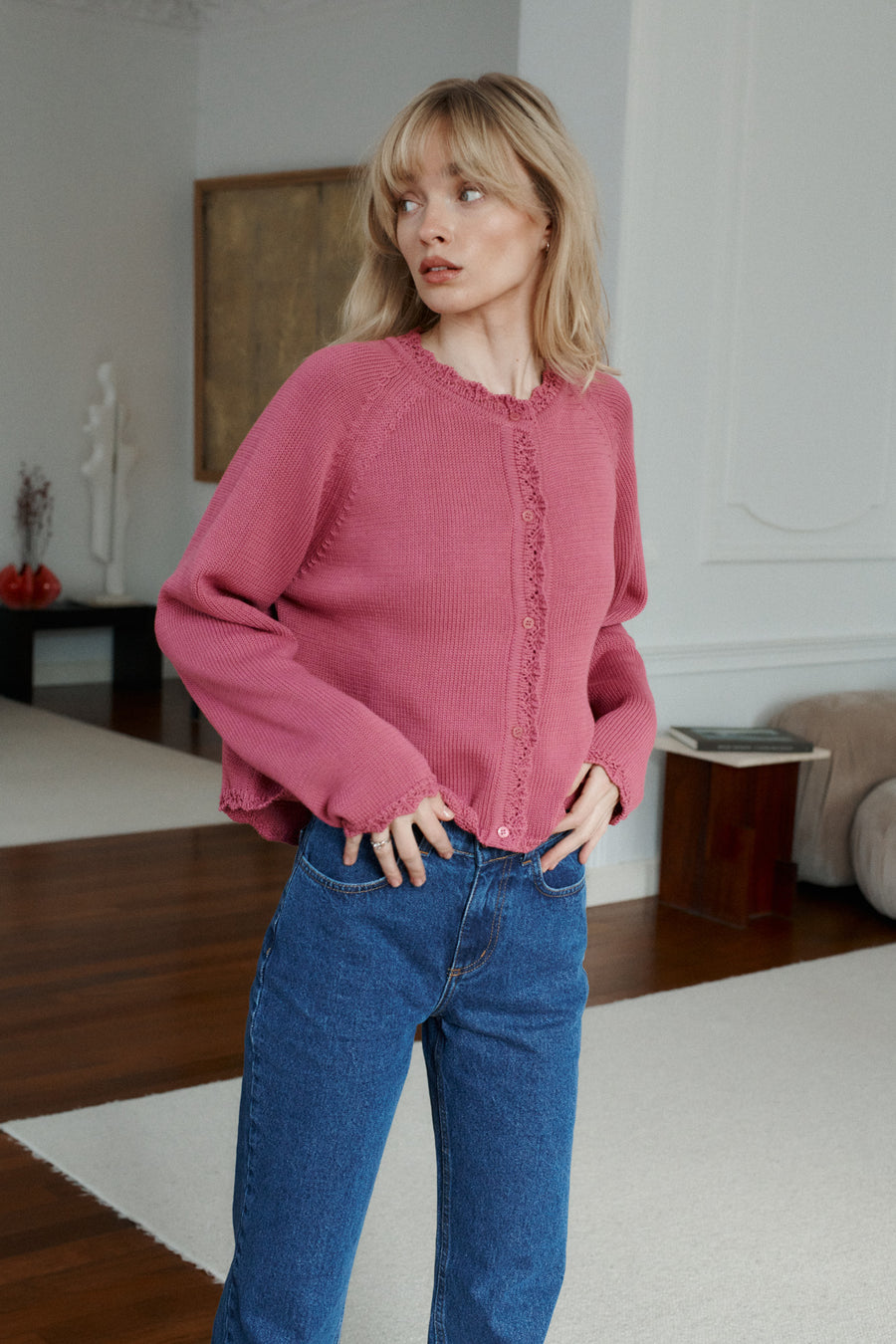 Cardigan in organic cotton / 16 / 18 / mauve pink