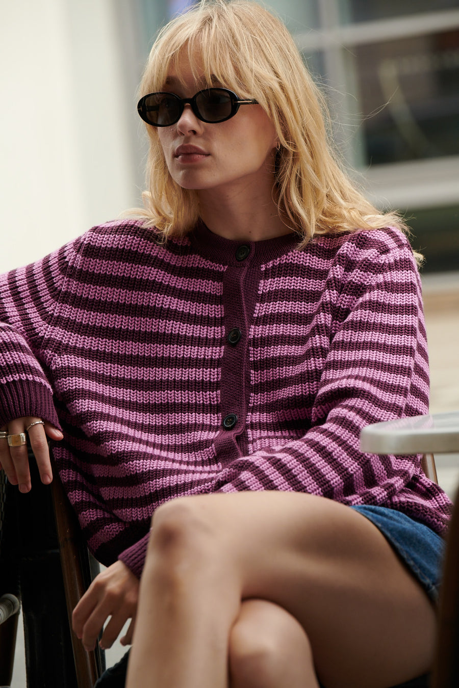 Cardigan in organic cotton / 16 / 29 / berry stripes