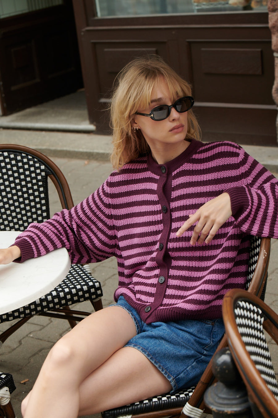 Cardigan in organic cotton / 16 / 29 / berry stripes