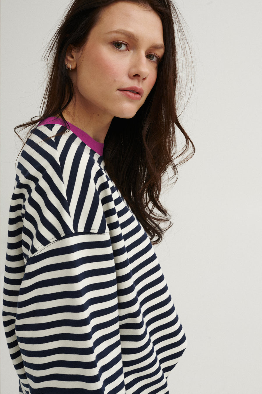 Sweatshirt in cotton / 17 / 22 / breton stripes / fuchsia
