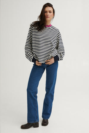 Sweatshirt in cotton / 17 / 22 / breton stripes / fuchsia