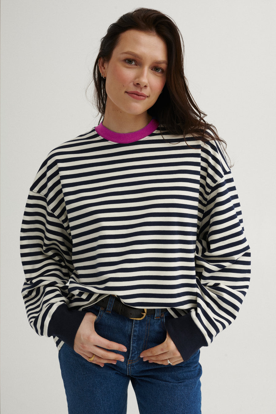 Sweatshirt in cotton / 17 / 22 / breton stripes / fuchsia